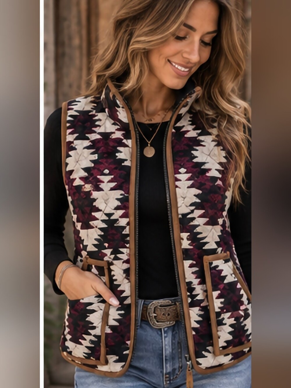 Entro Southwestern Aztec Quilted Vest Size S Western Boho Zip Front